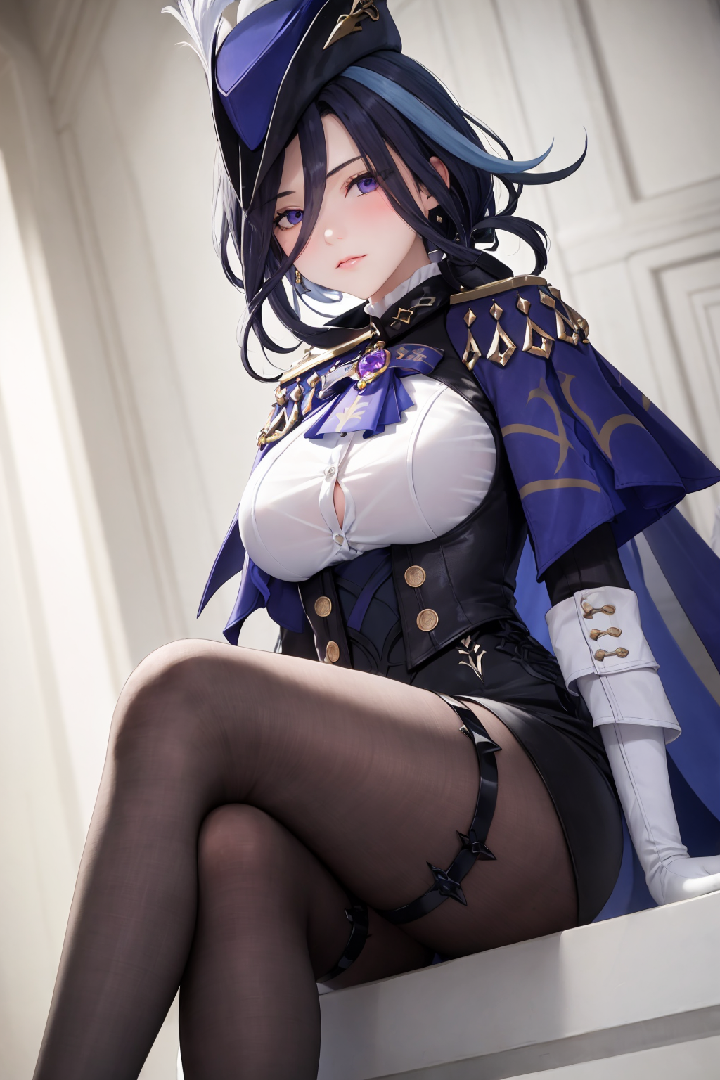 67595-2012057079-masterpiece, best quality, _lora_clorinde_1_,clorinde (genshin impact), 1girl, solo, breasts, gloves, crossed legs, sitting, pan.png